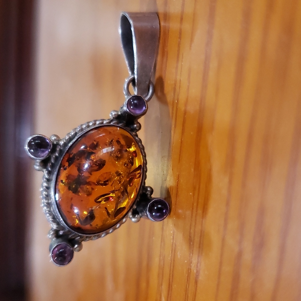 Amber & amethyst sterling silver pendant